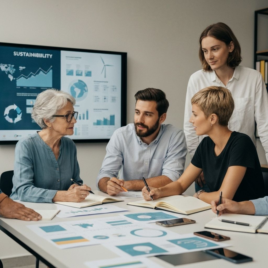 Equipe diversa colaborando em projeto de sustentabilidade